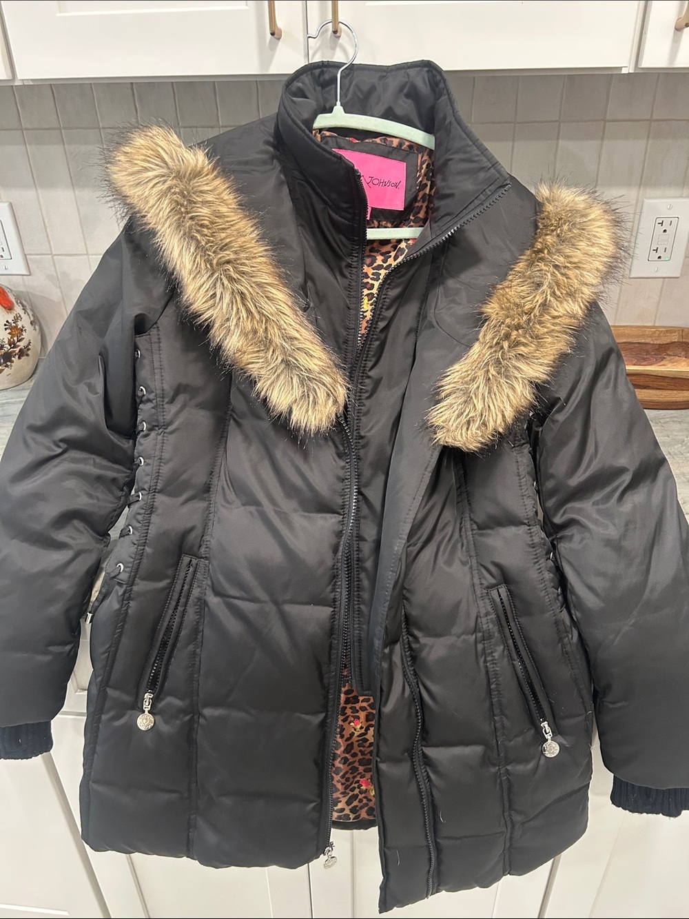 Betsey Johnson Black Puffer Jacket with Faux Fur Trim